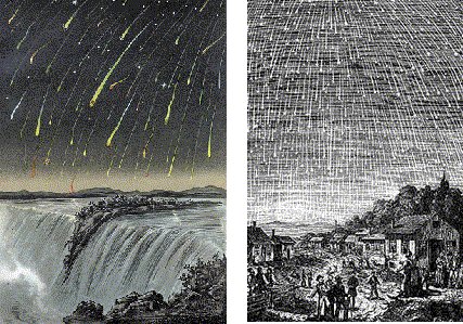 1833年（右）と1866年（左）のしし座流星群の大出現の様子を描いた絵画