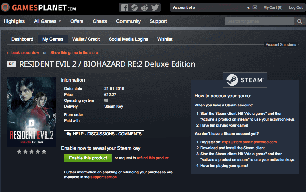 Steam 版 バイオハザード RE:2 表現規制有無の確認方法、Gamesplanet で Steam 版 バイオハザード RE:2（RESIDENT EVIL 2 / BIOHAZARD RE:2） Deluxe Edition 予約購入後の Gamesplanet の My Games ページ