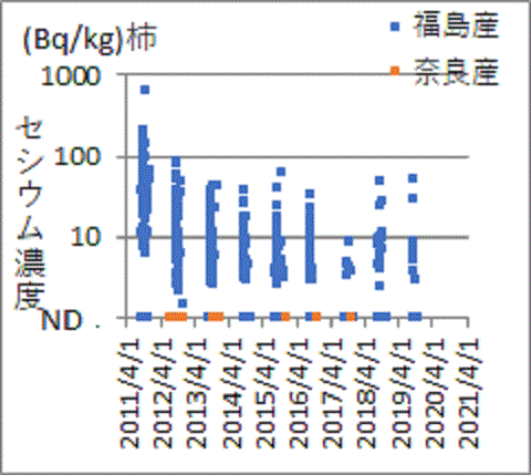 セシウムが見つからない奈良産、９シーズン連続で見つかる福島産柿
