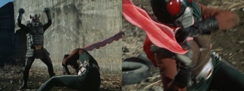 正義のヒーロー、スカイライダー・仮面ライダーが2怪人の連係攻撃にやられる。